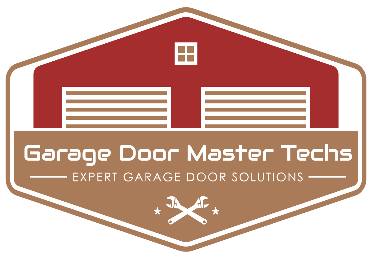 A garage door master tech logo with a red barn.